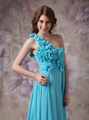 One Shoulder Side Drap Aqua Long Bridesmaid Dress Online