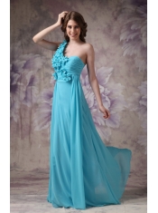 One Shoulder Side Drap Aqua Long Bridesmaid Dress Online