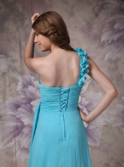 One Shoulder Side Drap Aqua Long Bridesmaid Dress Online