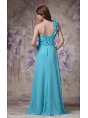 One Shoulder Side Drap Aqua Long Bridesmaid Dress Online