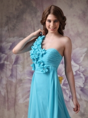 One Shoulder Side Drap Aqua Long Bridesmaid Dress Online