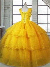 Square Three Layers Organza Beauty and The Beast Theme Cake Quinceanera Ball Gown