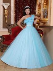 Trimed A-line One Shoulder Light Aquq Blue Prom Ball Gown