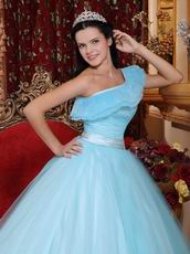 Trimed A-line One Shoulder Light Aquq Blue Prom Ball Gown