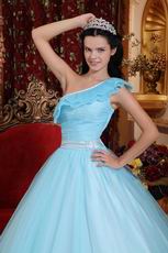 Trimed A-line One Shoulder Light Aquq Blue Prom Ball Gown