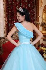 Trimed A-line One Shoulder Light Aquq Blue Prom Ball Gown