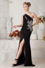 Best One Shoulder Side Crystals Black Chiffon Evening Dress