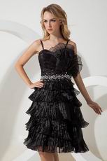 Spaghetti Straps Ruffled Layers Black Ice Tulle Evening Dress Short