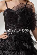 Spaghetti Straps Ruffled Layers Black Ice Tulle Evening Dress Short