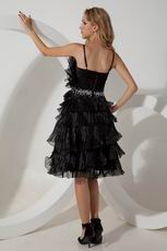 Spaghetti Straps Ruffled Layers Black Ice Tulle Evening Dress Short