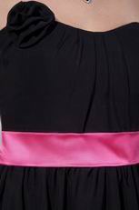 Black Short Chiffon Fall Bridesmaid Dress With Pink Sash