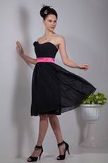 Black Short Chiffon Fall Bridesmaid Dress With Pink Sash