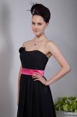 Black Short Chiffon Fall Bridesmaid Dress With Pink Sash