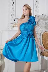 Discount One Shoulder Flowers Azure Blue Short Prom Dress