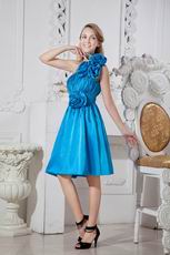 Discount One Shoulder Flowers Azure Blue Short Prom Dress