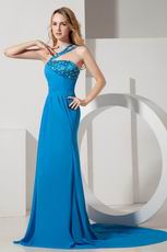 Cheap One Shoulder Court Train Blue Celebrity Prom Dresses