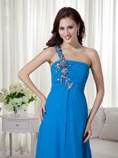 One Shoulder Azure Blue Chiffon Appliques 2014 New Prom Dress