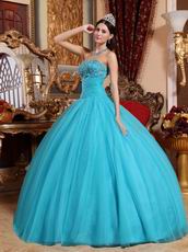 Beaded Strapless Aqua Blue Quinceanera Gown Tulle Fabric