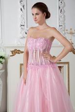 Sexy Transparent Bodice Pink Cocktail Prom Dress For Party