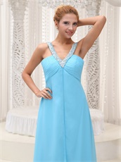 V-neck Ruched Aqua Blue Evening Dress For Drinking Party Slit Below Chest