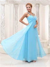 V-neck Ruched Aqua Blue Evening Dress For Drinking Party Slit Below Chest