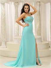 Brand Ice Blue Prom Dress Sweep Train Chiffon Skirt Slit Show Leg