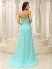 Brand Ice Blue Prom Dress Sweep Train Chiffon Skirt Slit Show Leg