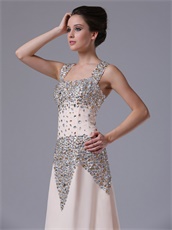 Champagne Fully Crystals Sheath Square Pageant Prom Dress For Mature Lady