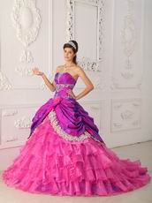 Layers Skirt Fuchsia Lace Decorate Quince Dress For Sale