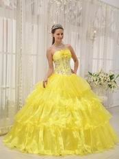 Bright Canary Yellow Cascade Layers Princess Quinceanera Gown