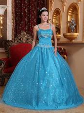 Spaghetti Straps Dodger Blue Sequin Fabric Pretty Sweet 16 Dress