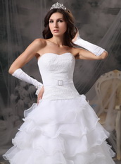 Fashionable Sweetheart Pure White Ruffles Wedding Gown Low Price