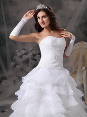 Fashionable Sweetheart Pure White Ruffles Wedding Gown Low Price