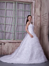 Fashionable One Shoulder Wedding Dress With Ruffled Puffy Long Skirt Low Price