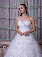 Fashionable One Shoulder Wedding Dress With Ruffled Puffy Long Skirt Low Price