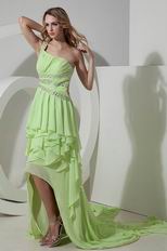 Asymmetrical Spring Green Panel Train Evening Dress