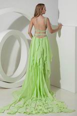 Asymmetrical Spring Green Panel Train Evening Dress