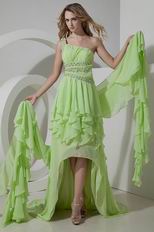 Asymmetrical Spring Green Panel Train Evening Dress