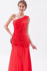 Cheap One Shoulder A-line Red Chiffon Evening Dress