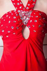 Halter Cross Back Crystals Wine Red Chiffon Prom Party Dress