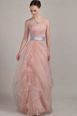 One Shoulder Ruffles Skirt Pink Prom Dress With Silver Belt