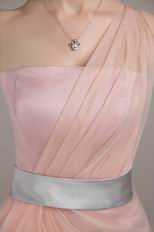 One Shoulder Ruffles Skirt Pink Prom Dress With Silver Belt