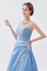 Strapless Embroidery Baby Blue Puffy Prom Dress With Appliques