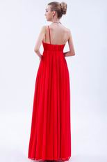 One Shoulder Rosette Decorate Scarlet Chiffon Prom Dress