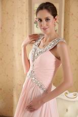 A-line Floor Length Pink Chiffon Skirt Prom Dress With Diamonds