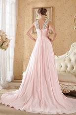 A-line Floor Length Pink Chiffon Skirt Prom Dress With Diamonds