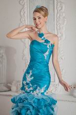 One Shoulder High Low Ruffled Mermaid Skirt Blue Prom Dress