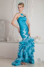 One Shoulder High Low Ruffled Mermaid Skirt Blue Prom Dress