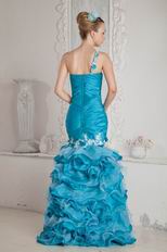 One Shoulder High Low Ruffled Mermaid Skirt Blue Prom Dress