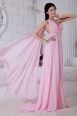 Sexy One Shoulder Empire Pink Chiffon Bridal Party Dress With Split